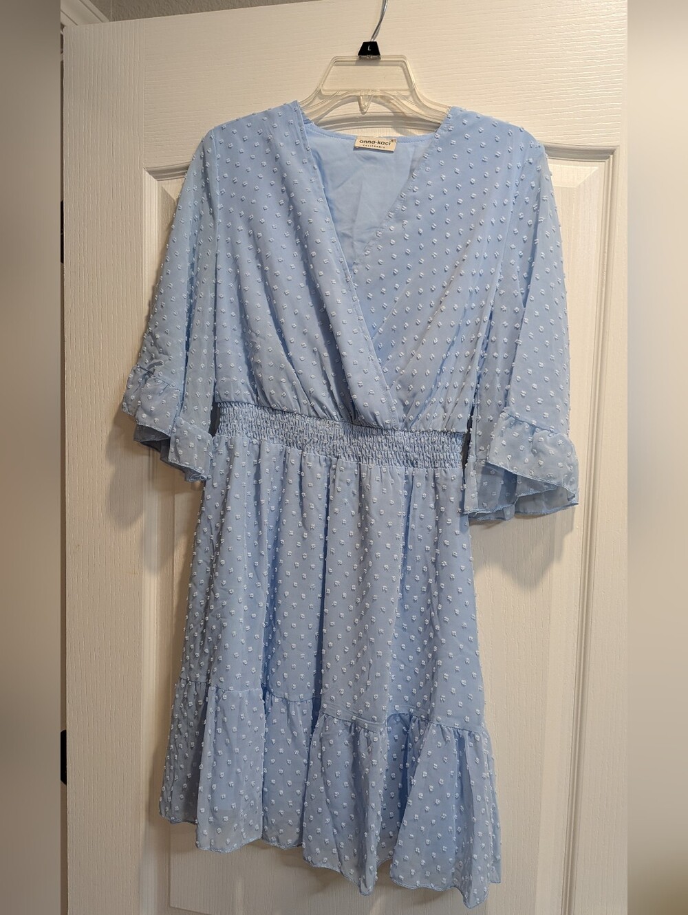 Light Blue Swiss Dot Faux Wrap Dress with Smocked Waist, Size M